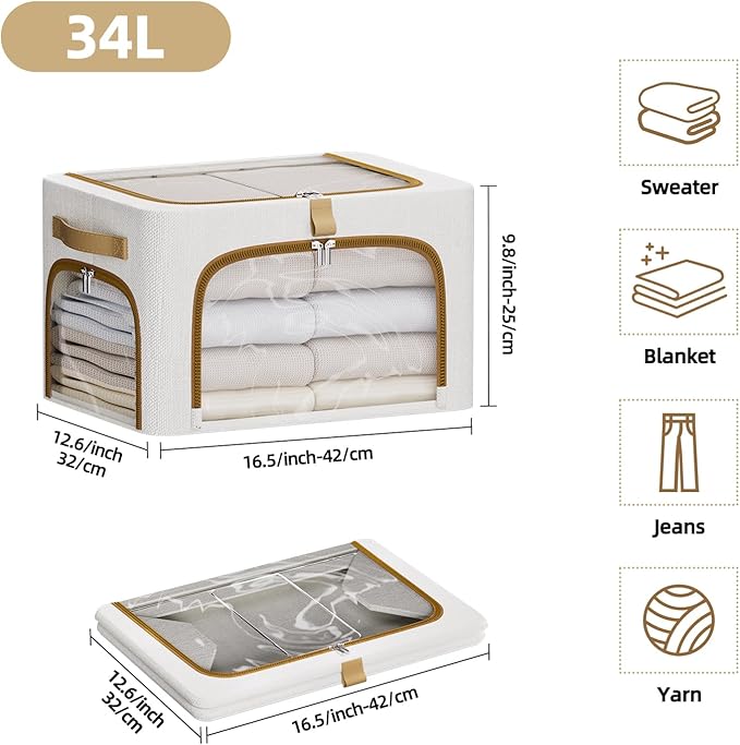 CYhom Clothes Storage Bins with Metal Frame,3 See-Through Windows Openings Clothing Storage Bin,3 Pack Foldable Storage Bins Boxes for Closet (White, 34L-16.5 x 12.6 x 9.8IN)