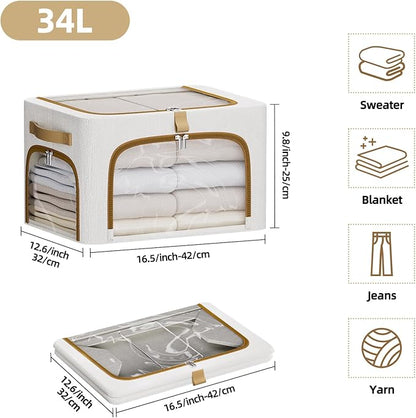 CYhom Clothes Storage Bins with Metal Frame,3 See-Through Windows Openings Clothing Storage Bin,3 Pack Foldable Storage Bins Boxes for Closet (White, 34L-16.5 x 12.6 x 9.8IN)