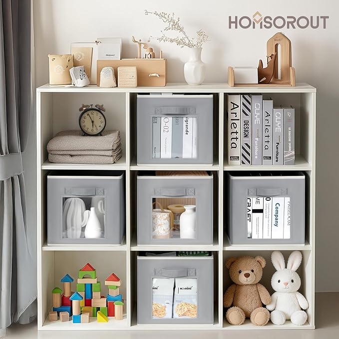 Homsorout Foldable Storage Cubes - Cubby Storage Organizer with Window, Decorative Baskets for Organizing, Fabric Bins for Clothes Storage, Closet Storage Cubes 11inch, Set of 12, Grey