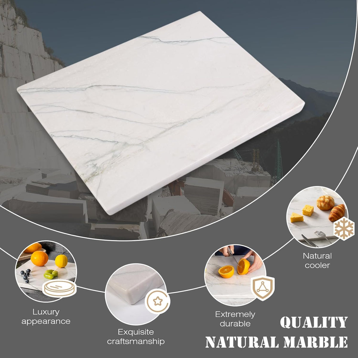 Koville Marble Pastry Board Cutting Boards for Kitchen Counter, 16" x 12" Natural White Marble Cutting Board Cheese Board, Stone Charcuterie Slab