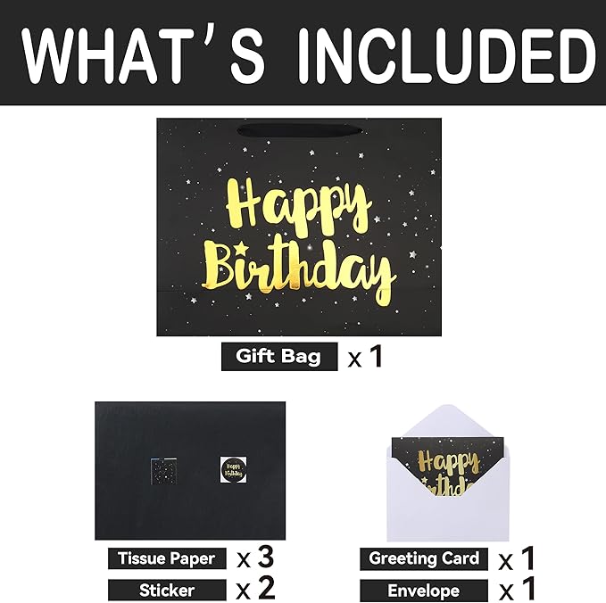 Qirrmiy 16.5'' Extra Large Black Happy Birthday Gift Bag Set with Handles, Greeting Card, Tissue Papers and Stickers for Men Boys Kids, Stars Design, 1 Pcs.