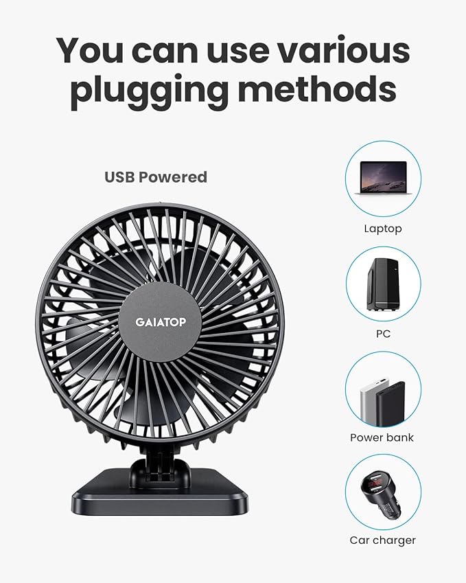 Gaiatop USB Desk Fan, Small But Powerful, Personal Portable Quiet 3 Speeds, Adjustable Mini Table Desktop fan for Cooling Home Office Car Summer Travel Gifts Black