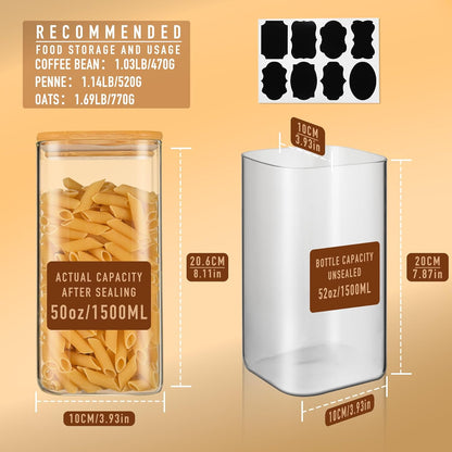 52oz Airtight Glass Square Storage Canister with Bamboo Lid Set of 3 (1550ml) Container Stackable Spice Jar, Kitchen Canister for Flour, Cookies