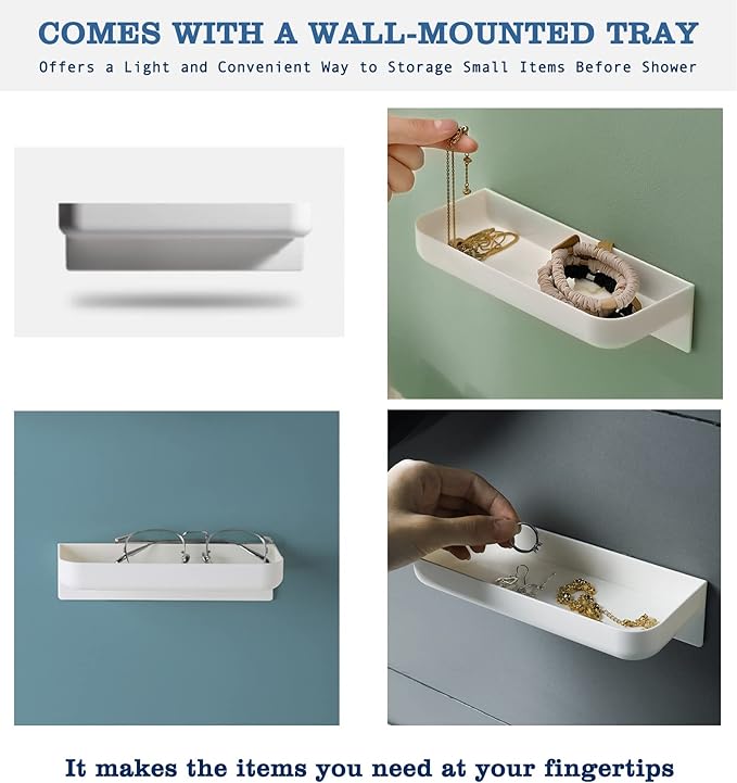 RANKADO Luxury Shower Soap Dispenser Bathroom with Tray,Drill Free Shampoo and Conditioner Dispenser with Mounting Tapes,Shower Soap Dispenser with Labels,Shampoo Dispenser for Shower Wall (Gold)