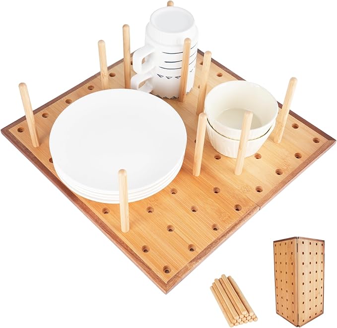 Foldable Pegboard Organizer for Kitchen – Bamboo Base & Acacia Wood Edge Dish Rack for Kitchen Countertop, Cabinet, and Drawer, 16 Removable Pegs, 15.7" x 15.7"