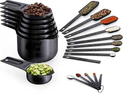 Wildone Black Measuring Cups & Spoons Set of 21 - Includes 7 Stainless Steel Nesting Measuring Cups, 8 Measuring Spoons