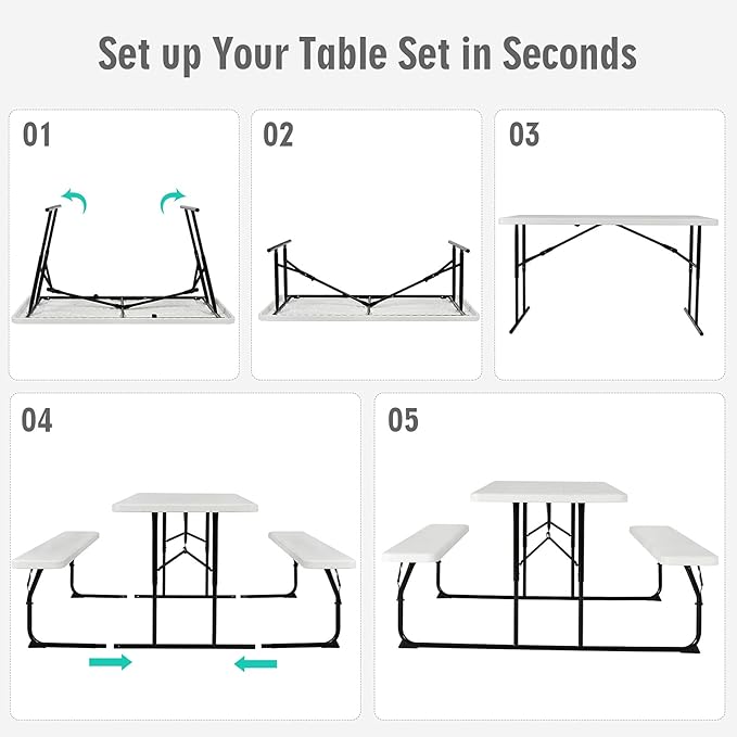 GYMAX Picnic Table, 550 LBS Folding Picnic Tables with Benches & Seats, Weather-Resistant Easy Setup Portable Picnic Table, Wood-Like Foldable Picnic Tables for Outdoors Patio Deck Party BBQ (White)