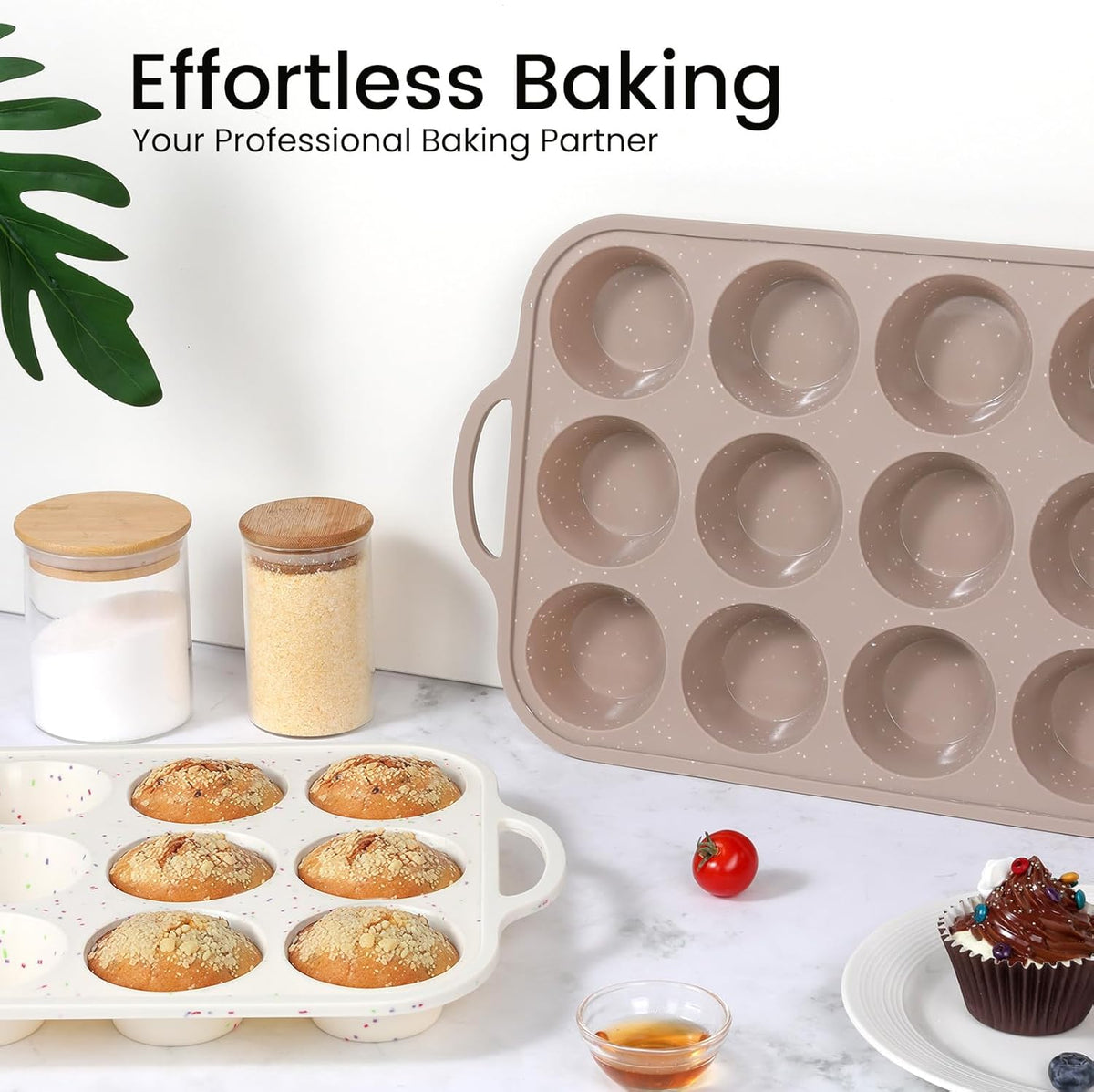 Vinino 2Pack Silicone Muffin Pans for Baking with Metal Reinforced Frame, 12 Cups Regular Size Nonstick Silicone Cupcake Pan