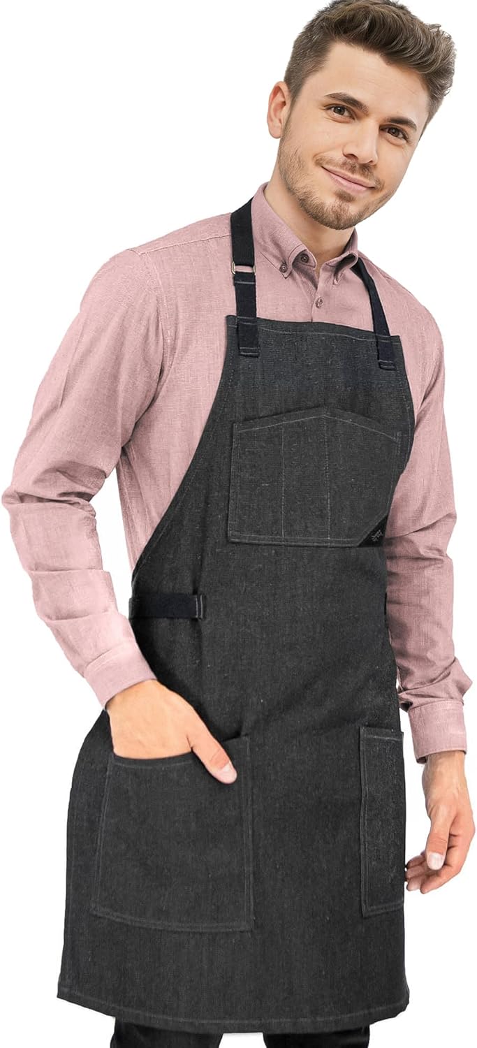 Under NY Sky Chef Apron – Professional Black Denim – Cotton Straps - Smart Pockets - Adjustable for Men and Women – Pro Chef, Cook, Kitchen, Baker, Barista, Bartender, Server Aprons