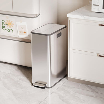 2 x 7.4 Gal (2 x 28L) Slim Trash Can, Stainless Steel Dual Compartment Step-On Recycling Bin with Butterfly Lids & Removable Plastic Inner Buckets for Kitchen, Home, Office
