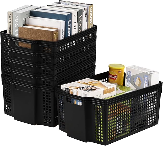 Obstnny Deep Stacking Storage Baskets, 6-Pack Plastic Stackable Laundry Organizing Basket Bin, Black