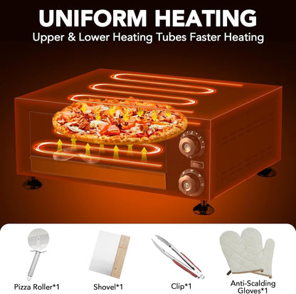 Commercial Electric Pizza Oven 12" 1100W Sealed Stainless Steel Countertop Pizza Maker with Timer for Restaurant, Pizzeria, Food Truck | Indoor Professional Baking Equipment