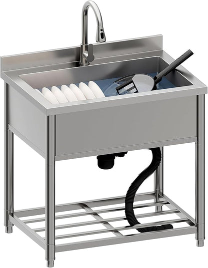 Stainless Steel Utility Sink, Large Freestanding Kitchen Sink with Pull-out Faucet for Commercial Restaurant, Bathroom, Laundry Room, Garage, Outdoor/Indoor, Pet Cleaning, D21.65 x W27.55 x H36.61 in