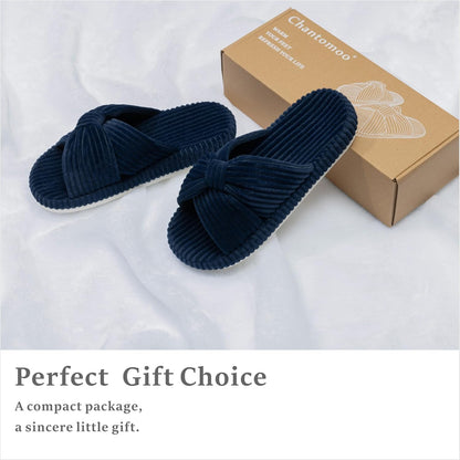 Chantomoo Slippers for Women Memory Foam House Bedroom Corduroy Bow Crossbands Slide Slipper Shoes Comfy Trendy Gift Slippers