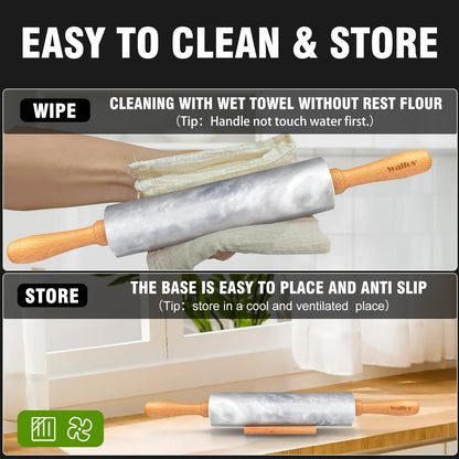 Walfos Marble Rolling Pin With Wooden Handles & Wood Cradle, 16.5 Inch Marble Rolling Pins For Making Pizza Dough And Tortillas