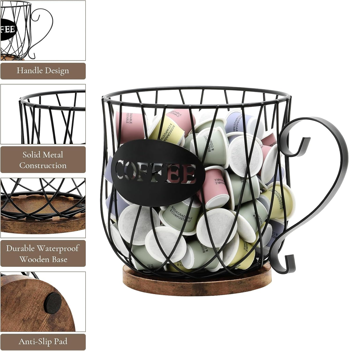 Rustic Metal K-Cup Coffee Pod Holder Mug - Large Wire Basket with Wooden Base for Countertop Coffee Storage