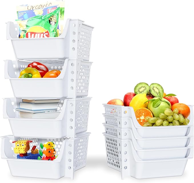 TidyFriend 4 Pack Stackable Storage Bins Open Front for Pantry Organizers and Storage, Plastic Storage Bins, Dorm Room Essentials, Pantry Storage for Food, Kitchen and Home Organization (White)