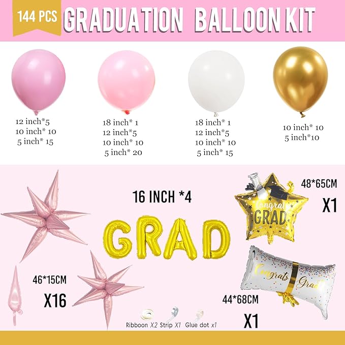Pink and White Gold Grad Balloon garland arch kit 145pcs With Large Gold Star GRAD Letter balloons for 2026 graduations decorations Prom girl's birthday party supplies
