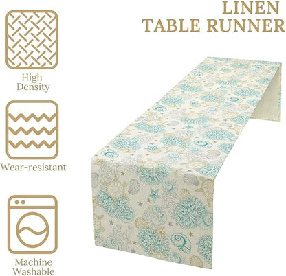 Ocean Coastal Table Runner, Nautical Summer Beach Coral Sea Turtle Table Runner for Kitchen Coffee Dining Bedroom Living Room Dinner 13x120in