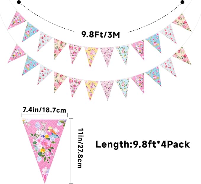 jijAcraft 4 Pack Tea Floral Party Bunting Banners - Pre-Strung Vintage Floral Triangle Pennant Banner, Wildflower Garland Tea Party Decorations for Spring Party Baby Shower Bridal Shower Mother's Day