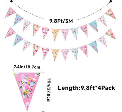 jijAcraft 4 Pack Tea Floral Party Bunting Banners - Pre-Strung Vintage Floral Triangle Pennant Banner, Wildflower Garland Tea Party Decorations for Spring Party Baby Shower Bridal Shower Mother's Day