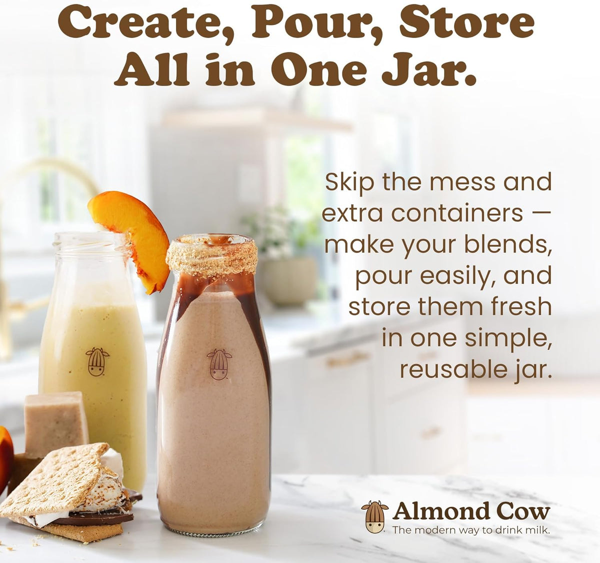 Almond Cow 300ml Glass Jar with Rust-Resistant Aluminum Cap - Reusable, Eco-Friendly Storage for Plant-Based Milk, Creamers, Wellness Shots