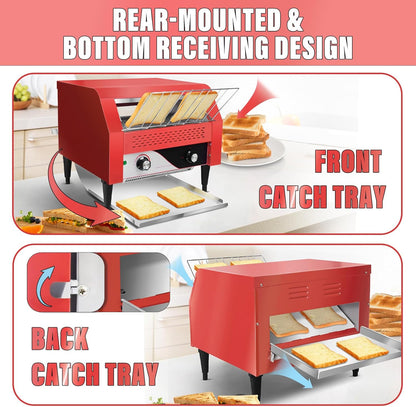 Commercial Conveyor Toaster 450 Slices/Hour Red Conveyor Toaster 3 Modes/7 Speeds Stainless Steel Tabletop Toaster for Toast, Bagels and Other Baked Breads