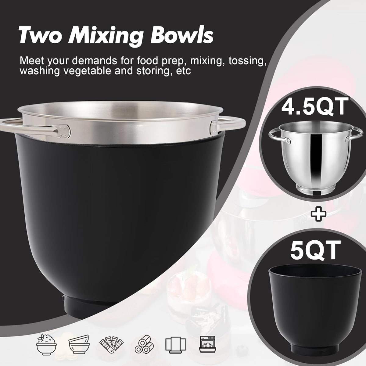 Kitchen in the box Stand Mixer, 4.5QT+5QT Two bowls Electric Food Mixer, 10 Speeds 3-IN-1 Kitchen Mixer for Daily Use with Egg Whisk,Dough Hook,Flat Beater (Onyx Black, 5QT)