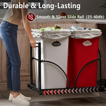 Dual Under Sink Trash Can Heavy Duty Pull Out Trash Can Under Cabinet, Fits 2x35Qt (7-9 Gal) Commercial Trash Cans Cabinet Trash Bin Pull Out Kit Requires ≥ 22''Dx 16''Wx 17''H, No Can (Black)
