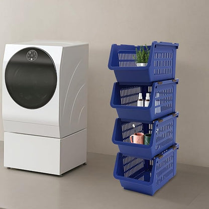 4-Pack Stackable Storage Baskets with 2 Wheels, Large Capacity 38.58 lbs Stackable Storage Bins Open Front, Space Saving Home Organization for Kitchen Bedroom Office (Blue, 9.5*13.4*29.9 in)