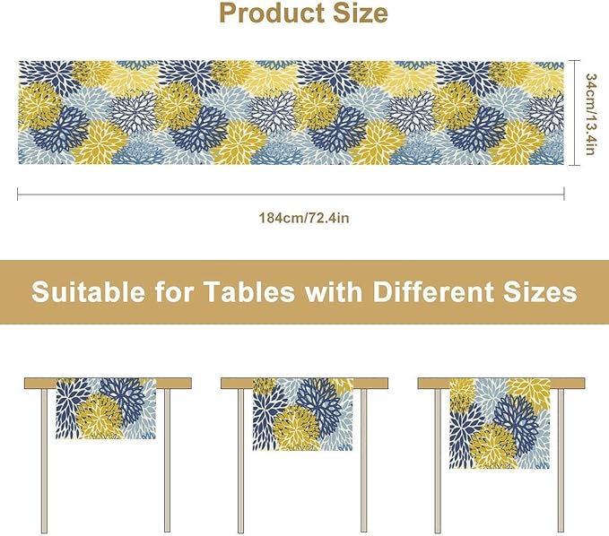 Dahlia Flower Table Runner,Blue Yellow Floral Print Table Runner for Kitchen Dining Table Dinner Holiday Home Party Indoor Outdoor Decor 13x108in