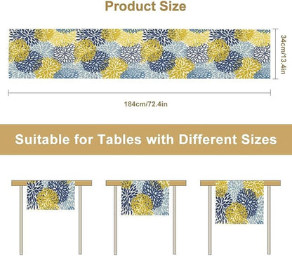 Dahlia Flower Table Runner,Blue Yellow Floral Print Table Runner for Kitchen Dining Table Dinner Holiday Home Party Indoor Outdoor Decor 13x108in