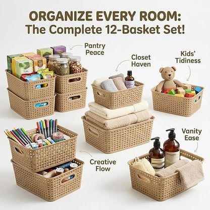 Khaki Stackable Storage Baskets, Plastic Weave Basket Organizer and Storage Set of 12, Pantry Organizing Baskets for Shelves, Kitchens, Bathrooms, Classrooms, Cabinets and Bedrooms