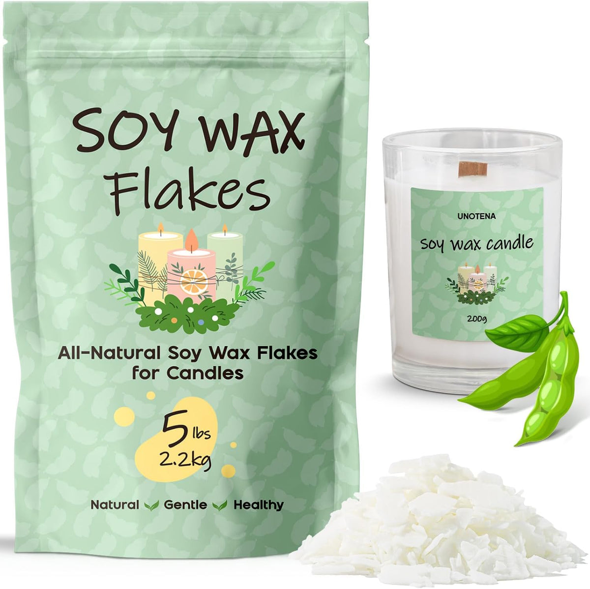 UNOTENA Soy Wax Flakes for Candle Making, Natural Candle Wax, Farm-Sourced, No Additives, Safe and Pure, 5LB