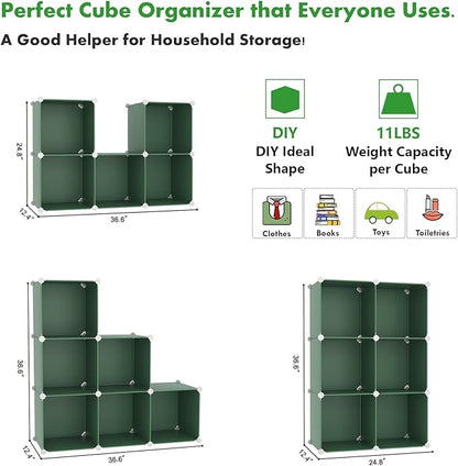 C&AHOME 6-Cube Storage Organizer, Stackable Storage Cubes Shelves, Portable Bookshelf, Plastic Clothing Storage Closet Organizer, DIY Modular Shelving Units for Wardrobe, Home, Green
