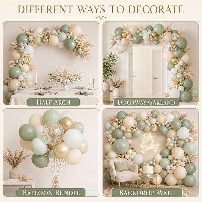 Sage Green Balloon Garland Kit, Green and White Balloon Arch Kit Olive Green White Gold Champagne Party Balloons Lime Green Beige Latex Balloons for Baby Shower Birthday Jungle Safari Party Decoration