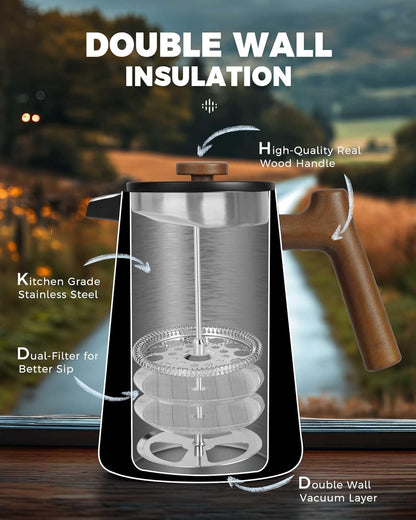 POLIVIAR French Press Coffee Maker, 34 oz Coffee Press with Real Wood Handle, Double Wall Insulation & Dual-Filter Screen, Food Grade Stainless Steel for Good Coffe and Tea, JX2025-XFPB