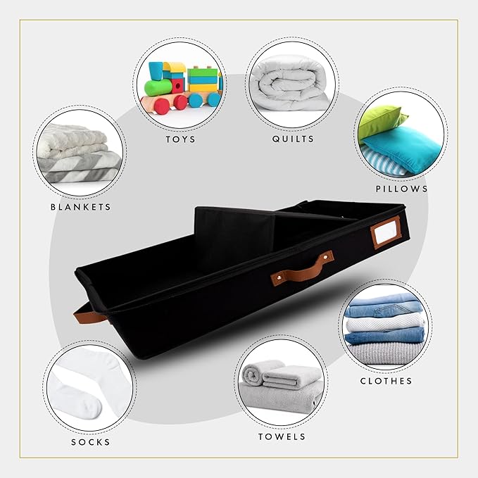 HOMELUX THEORY 2pc Low Profile Under Bed Storage Containers, Thin Under Couch Storage Organizer with Bins & Lids, Underbed Storage Box Ideal for Seasonal Clothes, Blankets, Fabric & Shoes (Black)