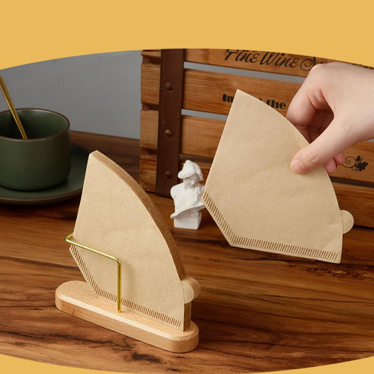 Coffee Filter Holder Stand for V60#1 & #2, Wood & Brass Organizer with 40-Capacity, Space-Saving Storage for Cone Paper Filters