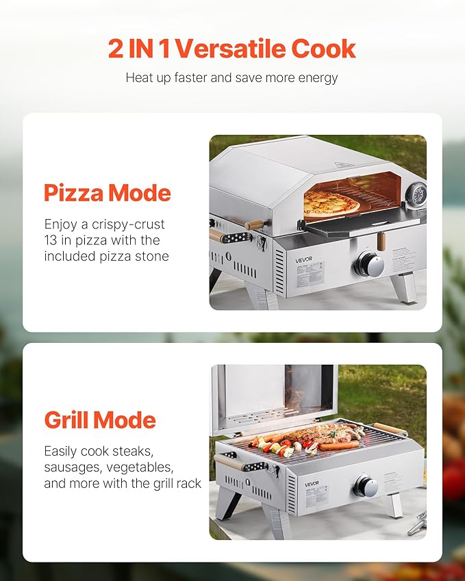 VEVOR 2 IN 1 Outdoor Pizza Oven, 13 in Propane Pizza Oven & Grill, 12,000 BTU Tabletop Propane Gas Oven with Pizza-Stone, Thermometer, Stainless Steel Portable Grill, for Camping & Backyard