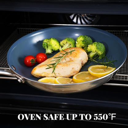Stainless Steel Non Stick Frying Pan,10 Inch Healthy Non Toxic Ceramic Coating Cookware with Lid,Works on Induction, Electric Stove and Gas Cooktops,PTFE PFAS PFOA Free Skillet,Dishwasher&Oven Safe