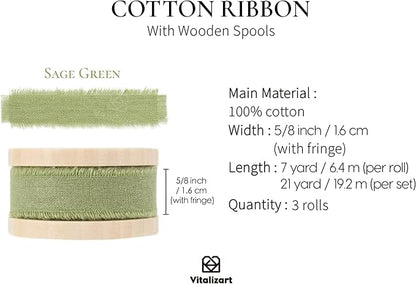Vitalizart Sage Green Cotton Ribbon Handmade Fringe 5/8" x 21 Yd Pure Natural Cotton Ribbons for Gift Wrapping Wedding Invites Bridal Shower Bouquets Holiday Decor