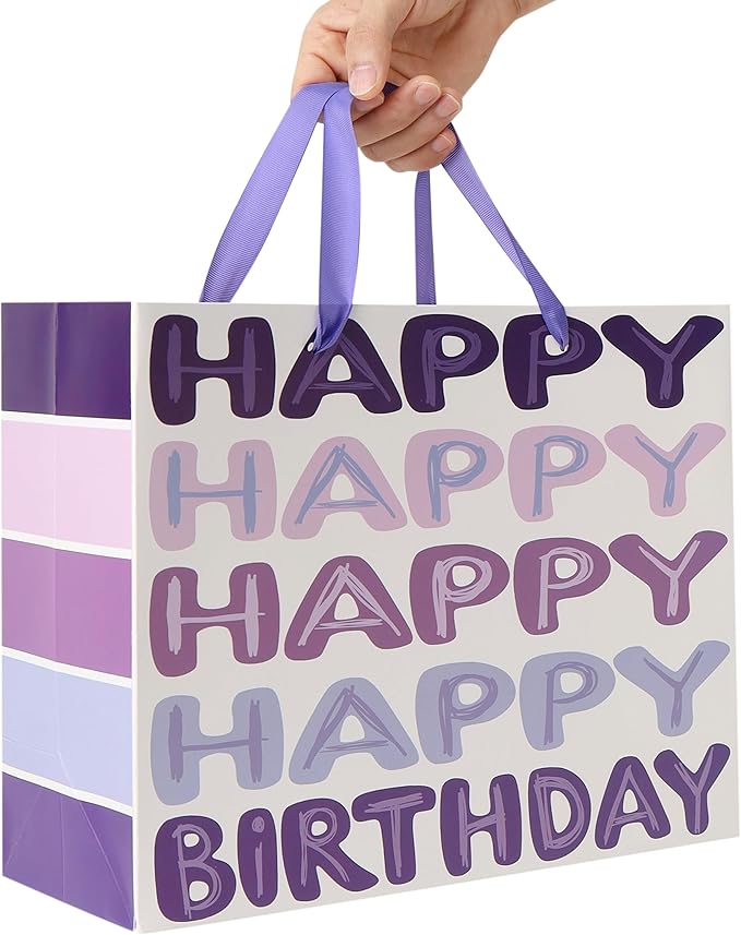 Qirrmiy 13'' Large Purple Happy Birthday Gift Bag Set with Handles, Greeting Card, Tissue Papers and Stickers for Women Girls Kids Teens, Words Design, 1 Pcs