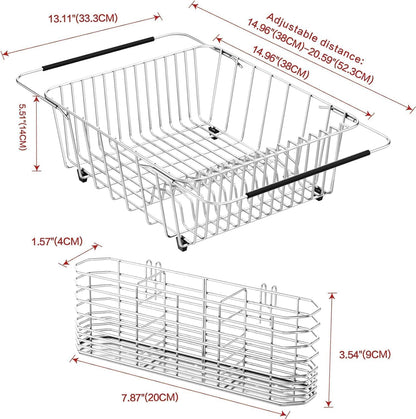 Large Sink Dish Drying Rack, Expandable 304 Stainless Steel Metal Dish Drainer Rack Organizer Shelves with Stainless Steel Utensil Holder Over Inside Sink, Rustproof