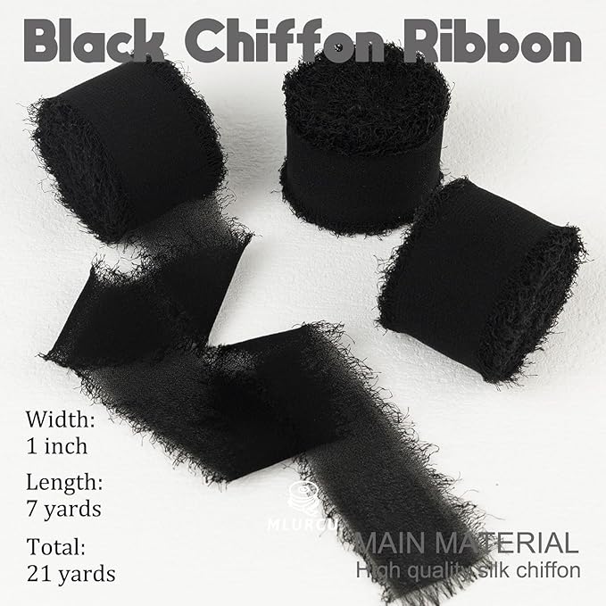 Black Chiffon Ribbon - 1 Inch x 21 Yards, Handmade Fringe, Silk, Boho Frayed, Wedding Invitation, Bridal Flower Bouquets, Floral Arrangement, Gift Wrapping