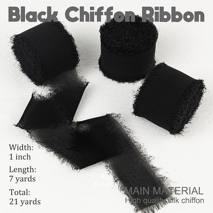 Black Chiffon Ribbon - 1 Inch x 21 Yards, Handmade Fringe, Silk, Boho Frayed, Wedding Invitation, Bridal Flower Bouquets, Floral Arrangement, Gift Wrapping