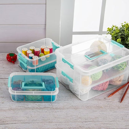 Sterilite 12 Pack Plastic Storage Box Container, 3 Layer, Stack and Carry, Clear/Blue