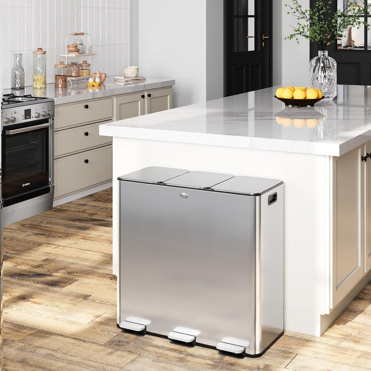 3 x 7.9 Gal (3 x 30L) Trash Can, Stainless Steel Triple Compartment Step-On Recycling Bin with Soft-Close Lids & Removable Plastic Inner Buckets for Kitchen, Home, Office