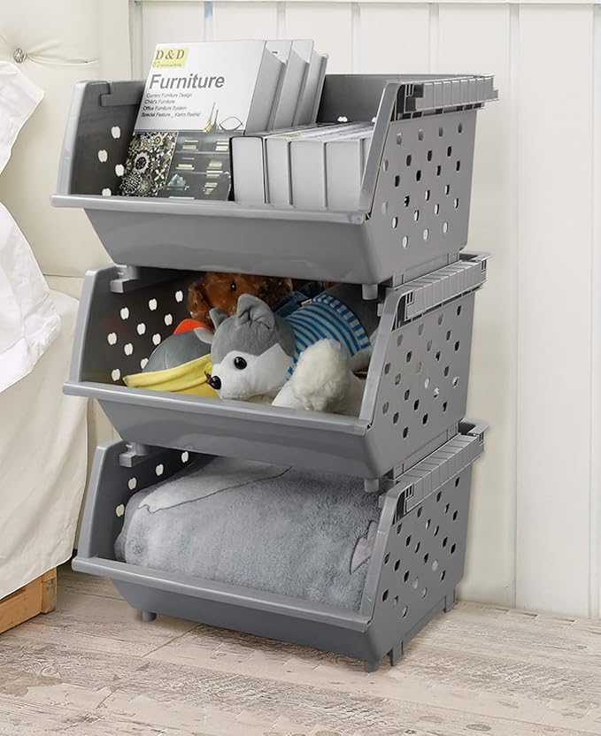 3-pack Stackable Storage Baskets, Plastic Stacking Organizer Bins