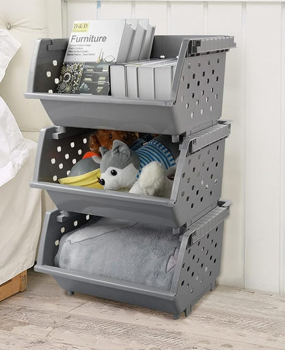 3-pack Stackable Storage Baskets, Plastic Stacking Organizer Bins